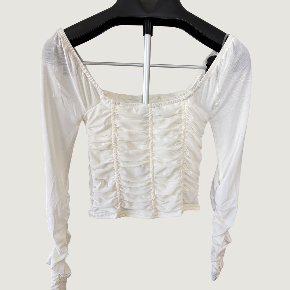 Jolie & Joy Cream Ruched Long Sleeve Mesh Crop Top Square Neck‎ J4K8775C Small
